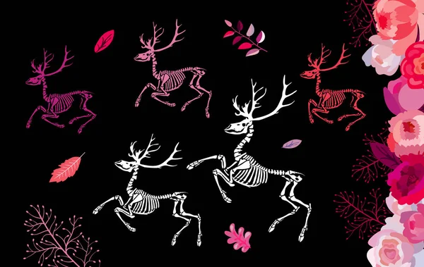 鹿と花園の骨格 ハロウィーンと死者の日の装飾に最適 — ストックベクタ