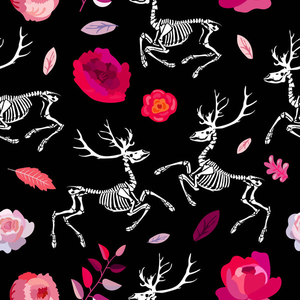 Magic seamless pattern. Skeletons of deer dance in a blooming garden. Great for printing on T-shirts, for tattoos and more. Ideal for decoration of Halloween and the Day of the Dead.