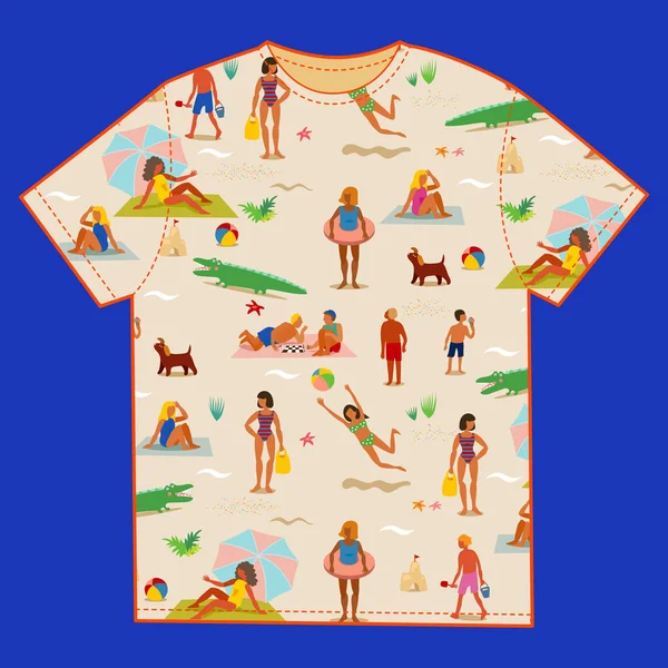 Plantilla Maqueta Camisetas Patrón Sin Costuras Vacaciones Verano Una Playa — Vector de stock