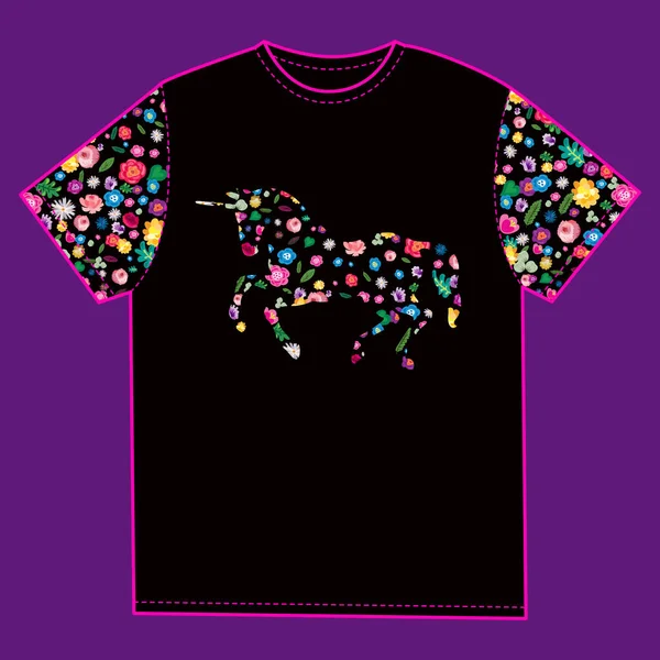 Shirt Mockup Template Shirt Design Con Immagine Tendenza Unicorno Floreale — Vettoriale Stock