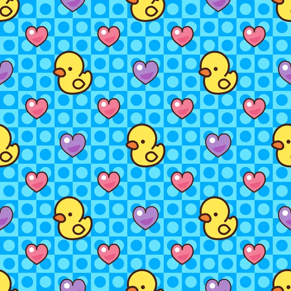 Patrón Sin Costuras Patos Corazones Goma Amarilla Estilo Kawaii — Vector de stock