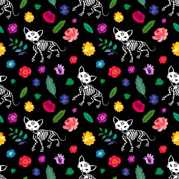 Бесшовный Шаблон Скелеты Кошек Гуляют Цветочном Саду Использоваться Короткой Печати — стоковый вектор