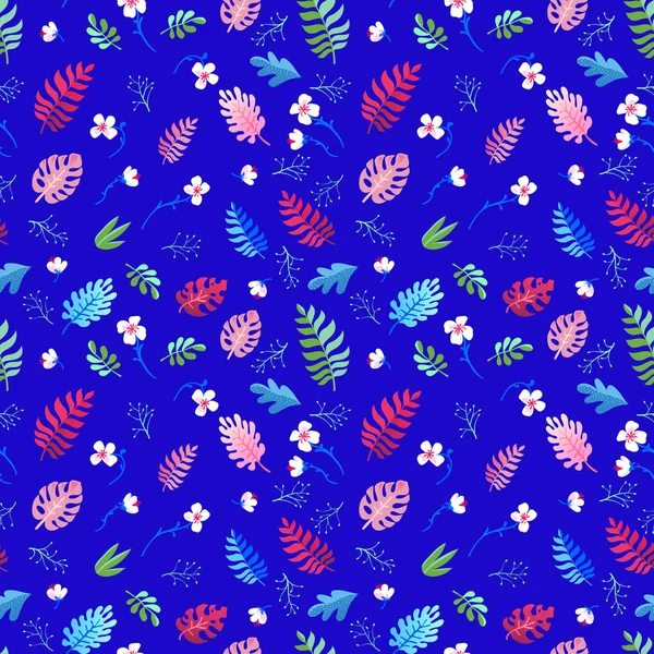 Seamless Pattern Tropical Flowers Leaves Blue Background Exotic Plants — Stock Vector