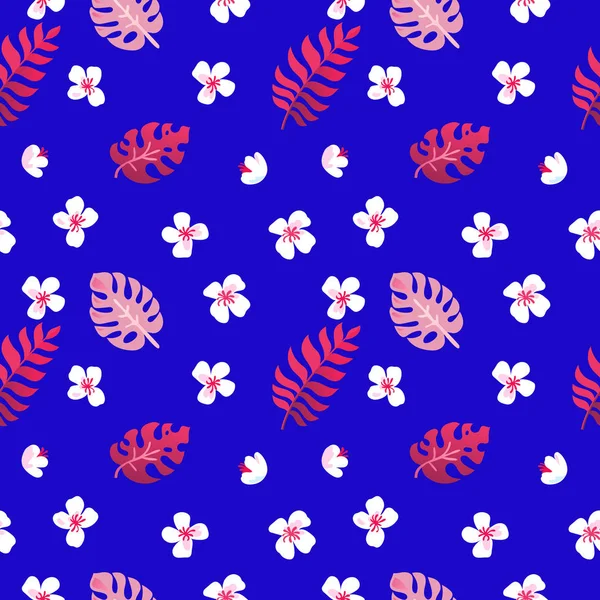 Ładny Wzór Bez Szwu Tropikalne Kwiaty Liście Niebieskim Tle Rośliny — Wektor stockowy