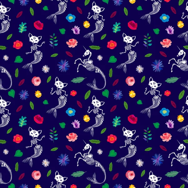 Seamless Pattern Skeletons Fairy Animals Mermicorn Mermicat Purrmaid Flowers Ideal — стоковий вектор