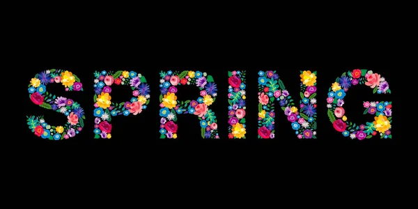 Palabra Primavera Hecha Flores Sobre Fondo Negro Estampado Floral Brillante — Archivo Imágenes Vectoriales