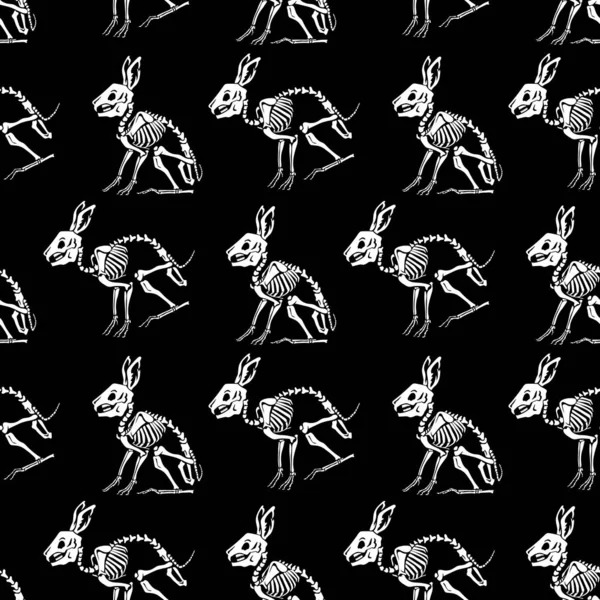 Bezproblémový Vzor Bílé Kostry Králíků Černém Pozadí Anatomie Zajíce Skvělé — Stockový vektor