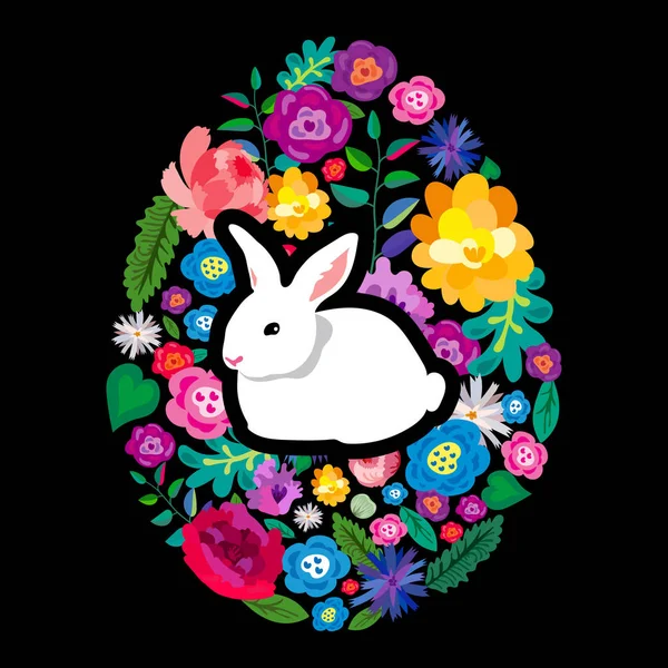 Huevo Pascua Hecho Flores Lindo Conejo Blanco Sobre Fondo Floral — Vector de stock