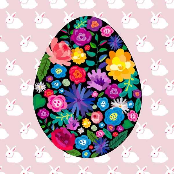 Huevo Pascua Está Hecho Flores Patrón Sin Costuras Con Conejos — Vector de stock
