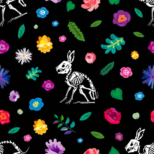 Seamless pattern. Skeletons of rabbits in a flower garden. Great for printing on T-shirts, for tattoos and more. Ideal for decoration of Halloween and the Day of the Dead.