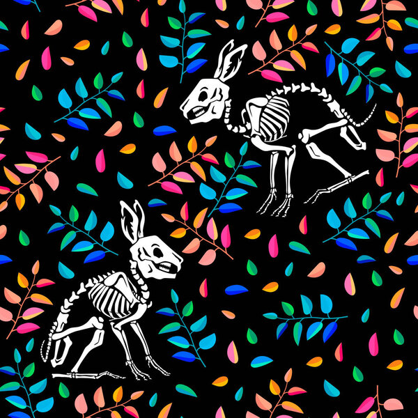 Seamless pattern. Skeleton of a rabbit among multicolored leaves on a black background. Anatomy of a hare. Skull and Bones. Ideal for decoration of Halloween and the Day of the Dead.