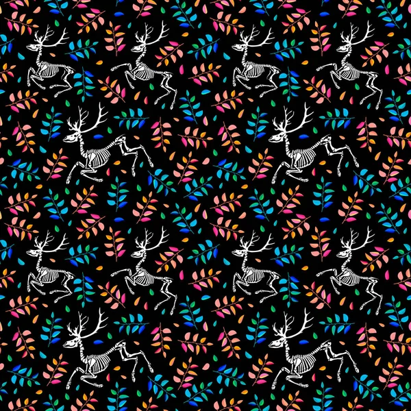 Seamless Pattern Skeletons Deer Leaves Anatomy Deer Skull Bones Ideal — 图库矢量图片