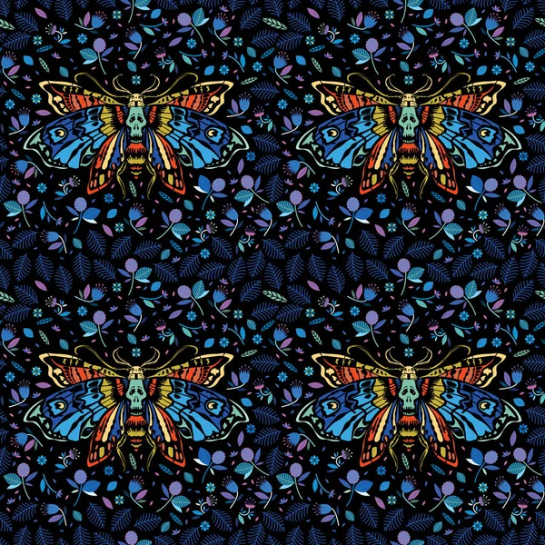 无缝模式 五颜六色的死头蝴蝶在夜花花园 花和树叶之间的飞虫 适合万圣节和死亡日装饰的理想选择 — 图库矢量图片