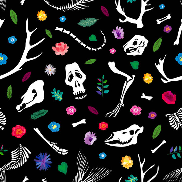 Seamless pattern. Bones of animals among flowers. Ideal for decoration of Halloween and the Day of the Dead.