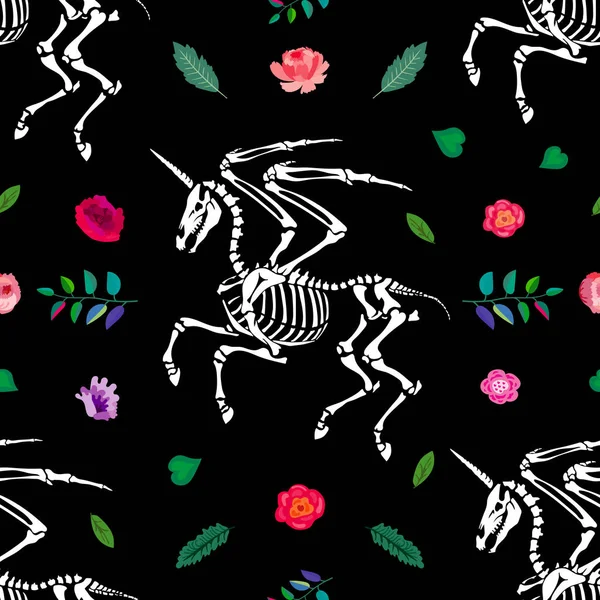 Patrón Sin Costuras Esqueleto Unicornio Pegaso Entre Flores Pegaso Con — Archivo Imágenes Vectoriales