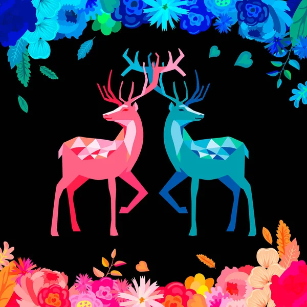 夜の花園の魔法の鹿 花のフレームにピンクと青の鹿 — ストックベクタ