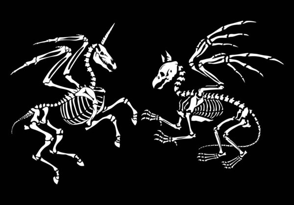 A gryphon skeleton and skeleton of a pegasus with horn. Great for printing on T-shirts, for tattoos and more. Ideal for decoration of Halloween and the Day of the Dead.