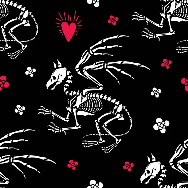 Seamless Pattern Skeleton Gryphon Bones Hearts Flowers Gothic Romantic Illustration — Stock Vector