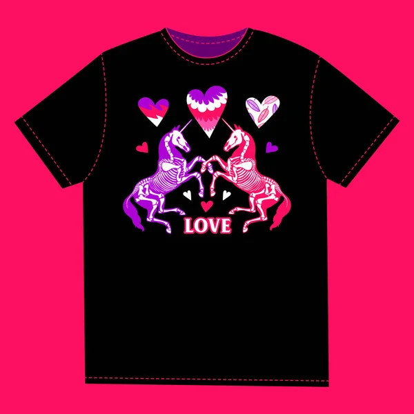 Shirt Avec Imprimé Des Licornes Amoureuses Dans Les Cœurs Anatomie — Image vectorielle