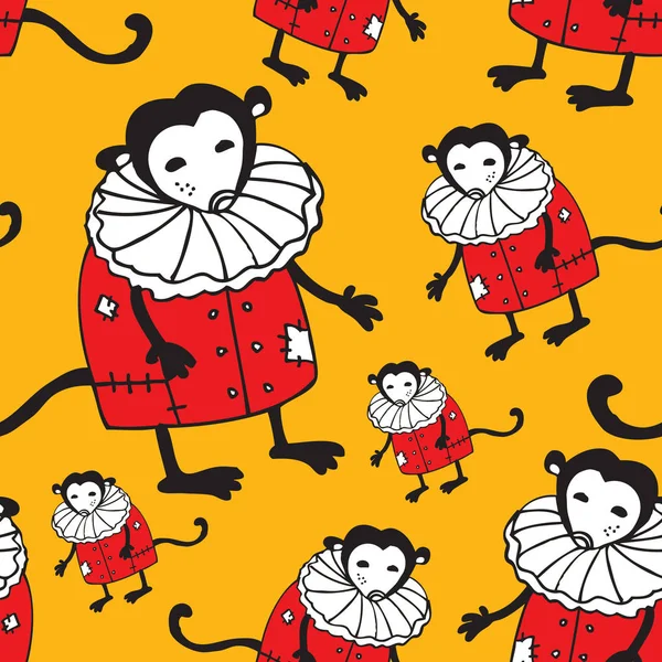 Funny Seamless Pattern Lovely Circus Monkeys Red Dresses Yellow Background — Stock Vector