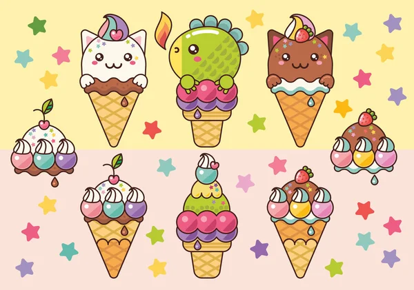 Прекрасне Смачне Морозиво Кошенятами Маленьким Драконом Літні Десерти — стоковий вектор