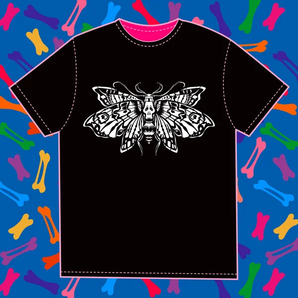 Modello Shirt Con Una Stampa Sullo Sfondo Ossa Multicolori Farfalla — Vettoriale Stock