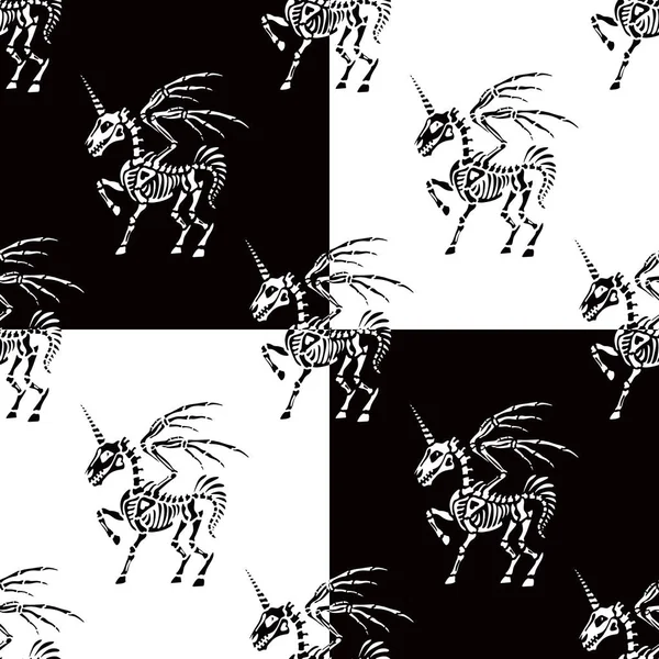 Bezproblémový Vzor Kostra Pegasusu Růžkem Pozadí Šachovnice Jednorožec Křídly Skvělé — Stockový vektor