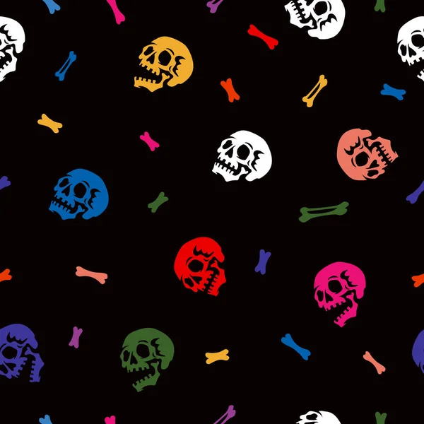 Patrón Sin Costuras Calaveras Huesos Humanos Multicolores Sobre Fondo Negro — Vector de stock