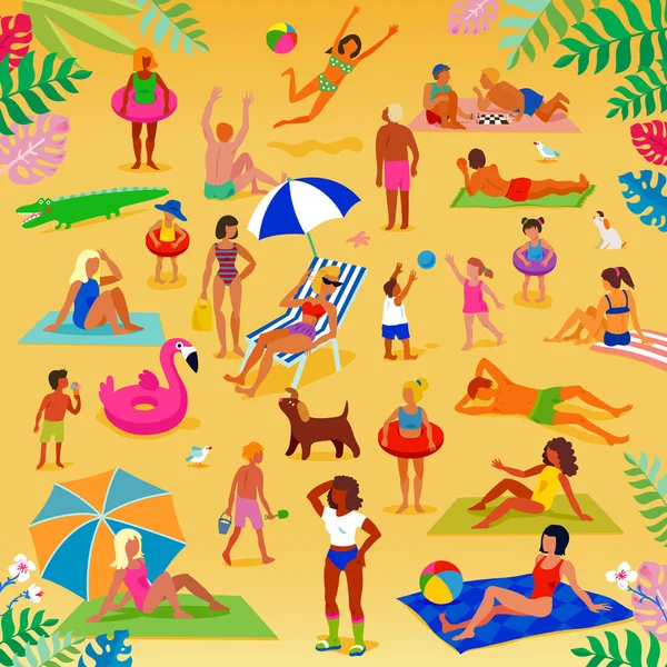Γεια Σου Σάμερ Πολλοί Άνθρωποι Στην Αμμώδη Παραλία Παραλία Τροπικά — Διανυσματικό Αρχείο