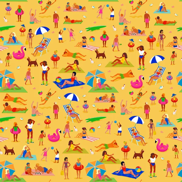 シームレスなパターン 砂浜にはたくさんの人がいます 人々はリラックスして日光浴をします 美しい晴れた日 海岸での夏休み — ストックベクタ