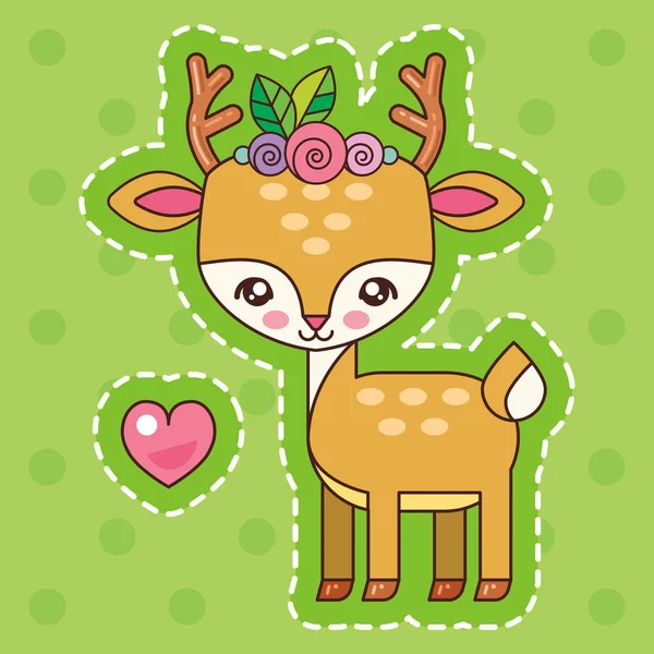 彼の頭の上に花輪を持つかわいい鹿 愛する鹿カワイイスタイル — ストックベクタ