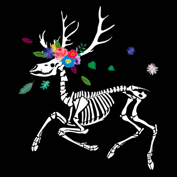 花の花輪を持つ鹿の骨格と黒い背景に葉 鹿の角は花輪で飾られています ハロウィーンのためのイラスト — ストックベクタ