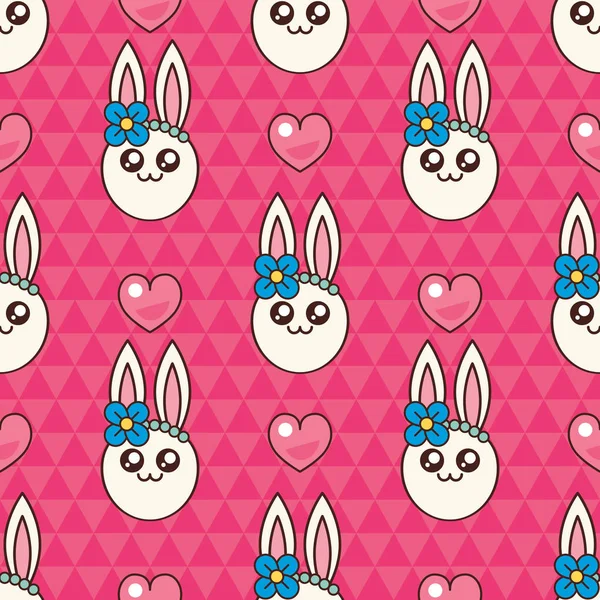 Cute Bunny Seamless Pattern White Rabbits Hearts Easter Greeting Card — Stock Vector