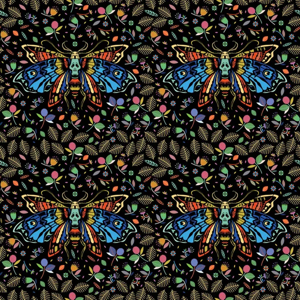 Бесшовный Шаблон Разноцветная Мёртвая Бабочка Цветнике Моль Среди Цветов Листьев Стоковый вектор