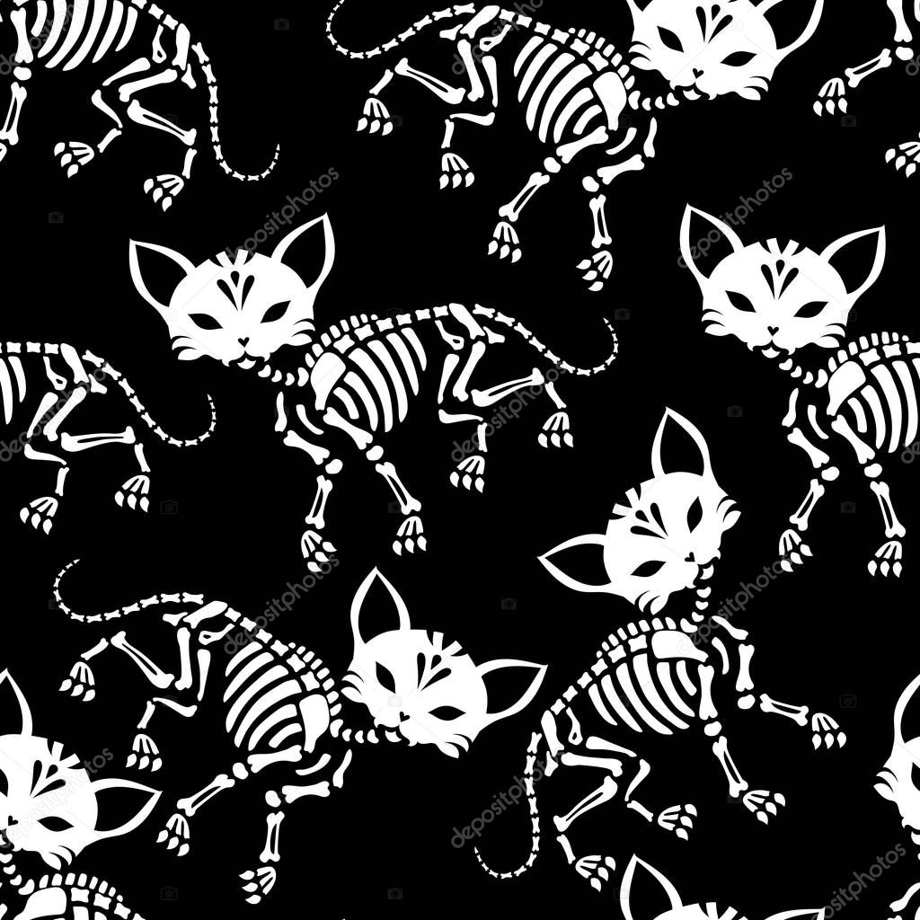 Seamless pattern. Cute skeletons of cats. Can be used for t-short print, poster or card. Ideal for Halloween, the Day of the Dead and more.