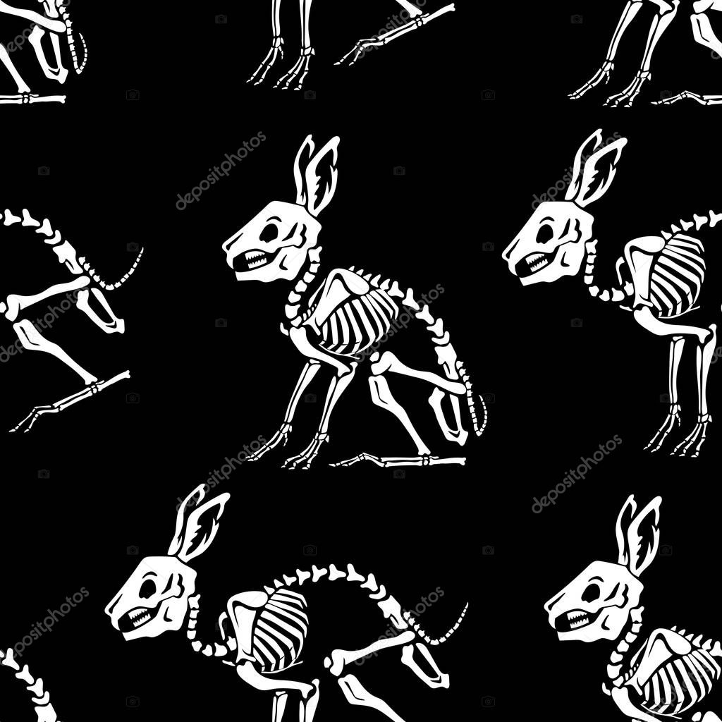 Seamless pattern. White skeletons of rabbits on a black background. Anatomy of a hare. Skull and Bones. Great for printing on T-shirts, for tattoos and more. Ideal for decoration of Halloween and the Day of the Dead.
