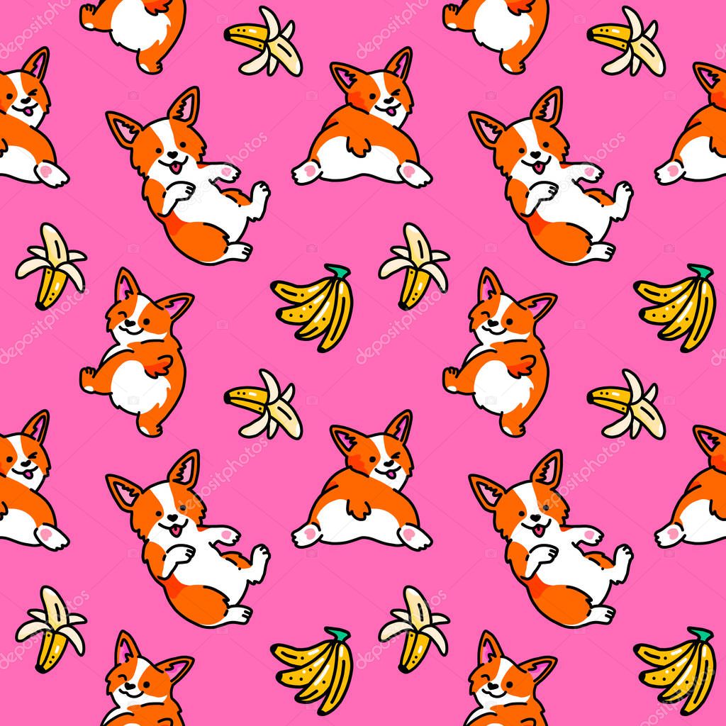 Seamless pattern. Funny stickers with Welsh Corgi. Isolated on pink background. Trendy summer illustration.