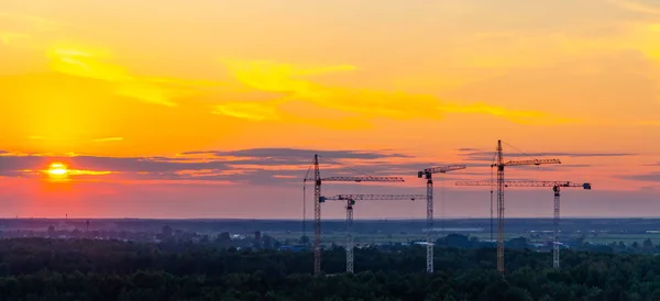 五颜六色的夕阳天空背景上的几台建筑起重机 — 图库照片