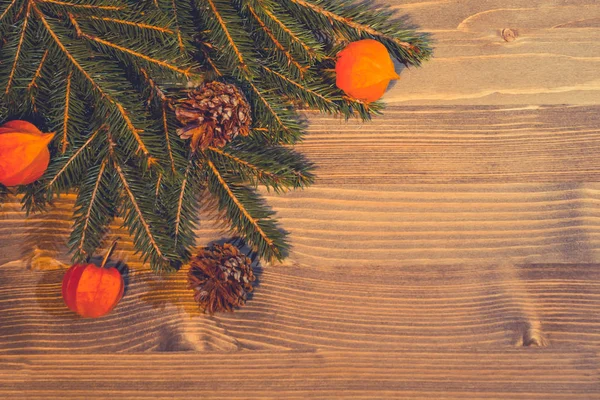 Fond de Noël à partir de matériaux naturels branches d'arbre de Noël, cônes, lanternes de Physalis sur un fond en bois — Photo