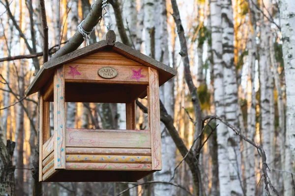 St. Petersburg, Rusland-22 november 2018:: Bird Feeder in de vorm van een huis op een tak in het winterbos — Stockfoto