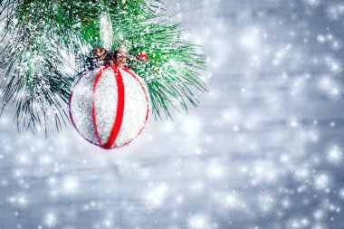 Kar, kırmızı kurdeleler ve koniler ile beyaz bir top ile süslenmiş bir Noel ağacının Dalı. Metin için alan kopyalama