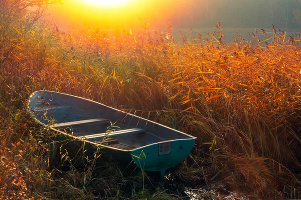 Fischerboot im Schilf am Morgen bei Sonnenaufgang auf dem See — Stockfoto