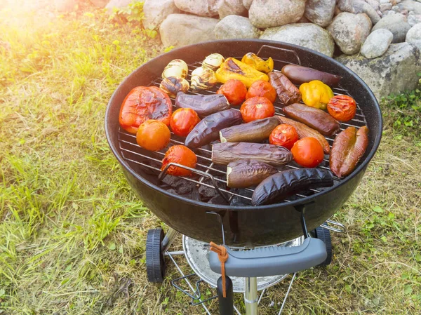 Cozinhar legumes em uma grade redonda ao ar livre no verão — Fotografia de Stock