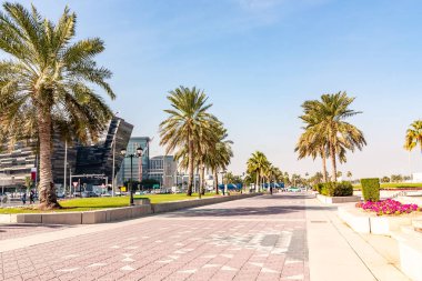 Doha, Katar - 20 Aralık 2018: Katar Galeri-Müzesi yakınlarındaki yaya geçidi boyunca palmiye ağaçları ve çiçekler