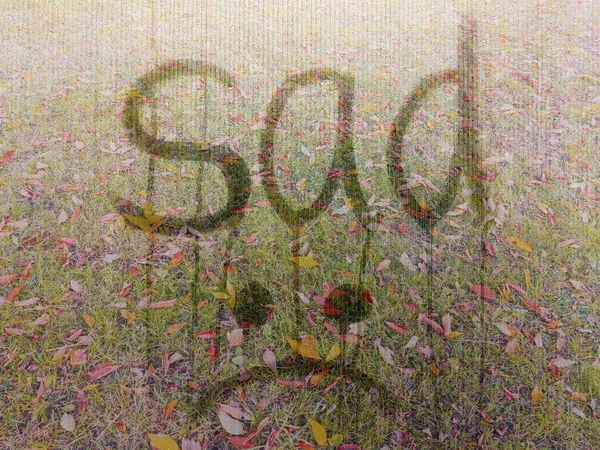 Skriven av Sad och emoji på dimmig glas mot bakgrund av höstlandskap. Höst, längtan, ensamhet, problem koncept — Stockfoto