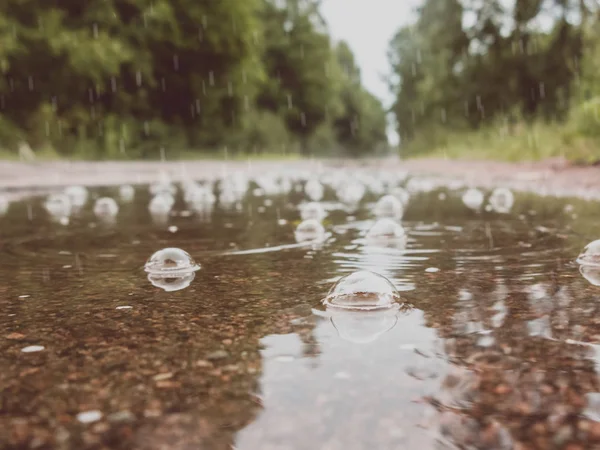 Bulles dans une flaque d'eau sur la route sous la pluie. Concept de tristesse automnale — Photo