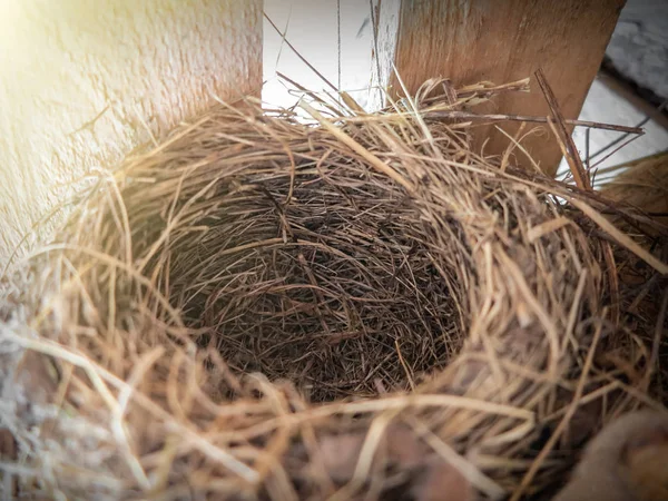 Nido vuoto di paglia o fieno nella soffitta di una casa di campagna — Foto Stock