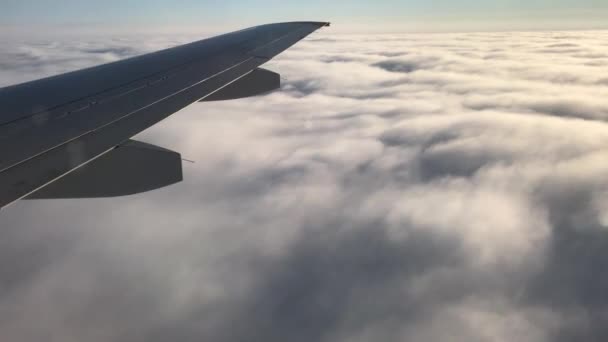 Pohled na křídlo letadla plujícího nad mraky a sestupuje do nich — Stock video