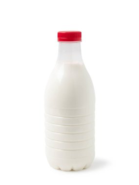 Beyaz arka planda izole edilmiş, gölgesi ve gölgesi olmayan limon rengi plastik süt şişesi.