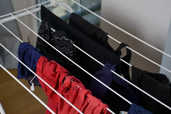 Roupas Frescas Diferentes Penduradas Cavalo Cozinha Para Secar — Fotografia de Stock